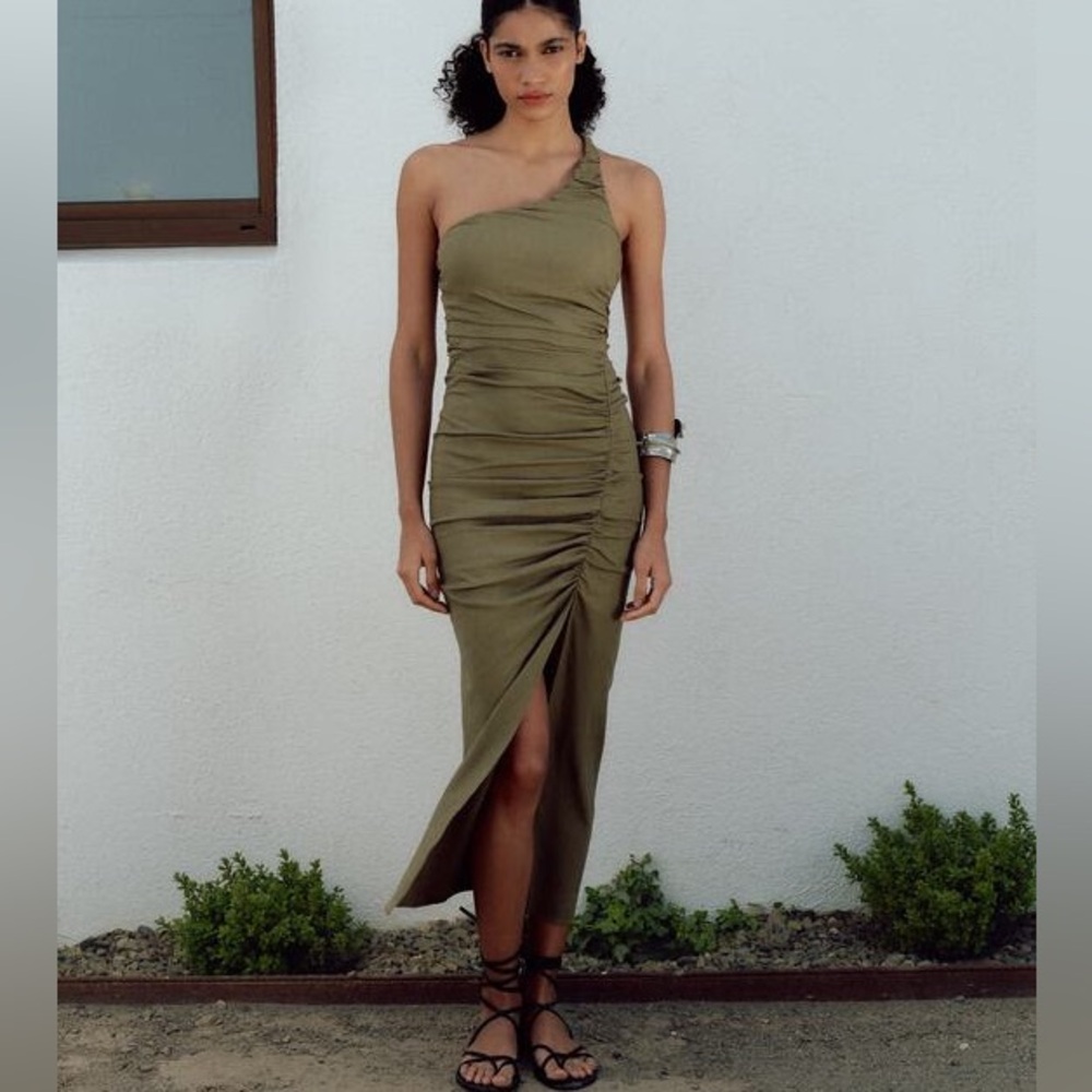 Zara RUCHED ASYMMETRICAL LINEN BLEND DRESS size small